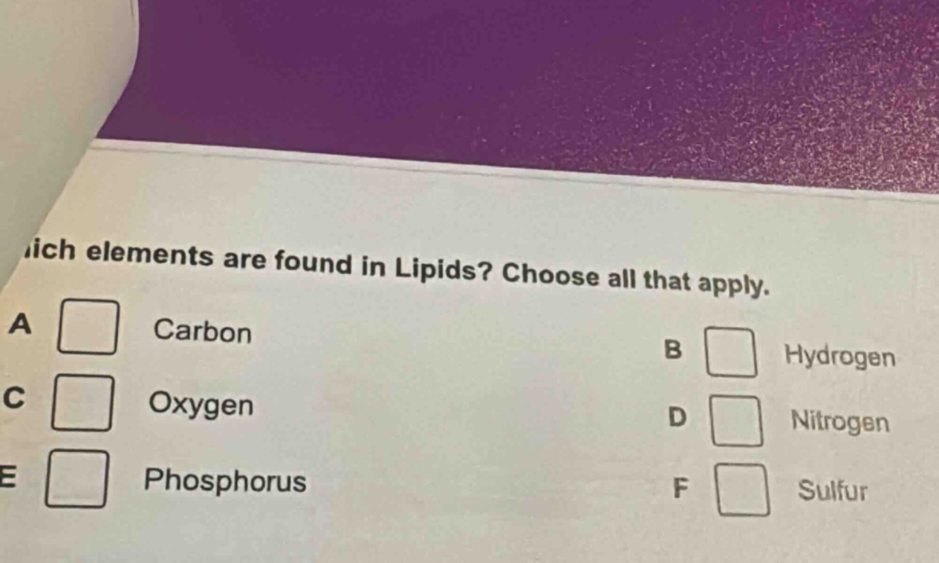 which elements are found in lipids? choose all that apply.\na carbon\nb hydrogen\nc oxygen\nd nitrogen\ne phosphorus\nf sulfur