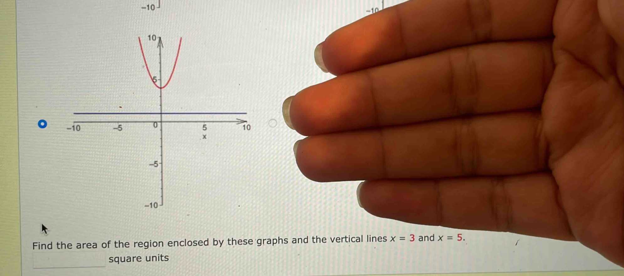 find the area of the region enclosed by these graphs and the vertical lines x = 3 and x = 5. square units