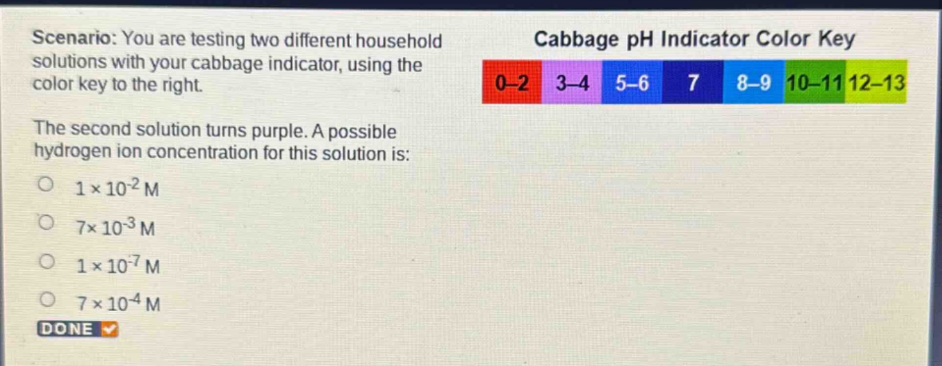 scenario: you are testing two different household solutions with your cabbage indicator, using the color key to the right. the second solution turns purple. a possible hydrogen ion concentration for this solution is: o 1×10⁻² m o 7×10⁻³ m o 1×10⁻⁷ m o 7×10⁻⁴ m done