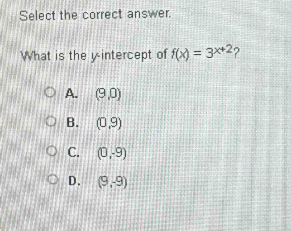 select the correct answer.\nwhat is the y - intercept of f(x)=3^{x + 2}?\na. (9,0)\nb. (0,9)\nc. (0,-9)\nd. (9,-9)