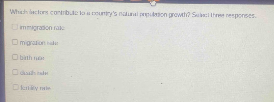 which factors contribute to a countrys natural population growth? select three responses.\n□ immigration rate\n□ migration rate\n□ birth rate\n□ death rate\n□ fertility rate