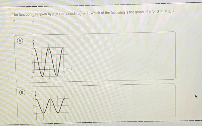 the function $g$ is given by $g(x)=2cos(pi x)+1$. which of the following is the graph of $g$ for $0leq xleq4$?