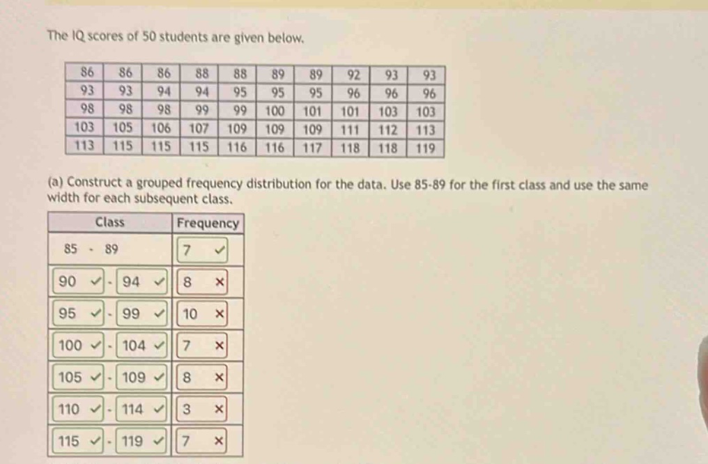 the iq scores of 50 students are given below.\n86 86 86 88 88 89 89 92 93 93\n93 93 94 94 95 95 95 96 96 96\n98 98 98 99 99 100 101 101 103 103\n103 105 106 107 109 109 109 111 112 113\n113 115 115 115 116 116 117 118 118 119\n(a) construct a grouped frequency distribution for the data. use 85 - 89 for the first class and use the same width for each subsequent class.\nclass frequency\n85 - 89 7\n90 - 94 8\n95 - 99 10\n100 - 104 7\n105 - 109 8\n110 - 114 3\n115 - 119 7