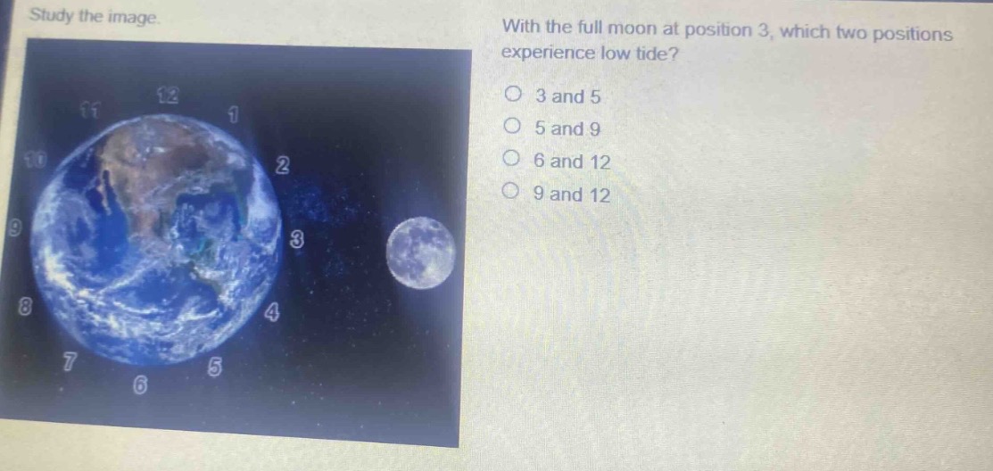 study the image. with the full moon at position 3, which two positions experience low tide? o 3 and 5 o 5 and 9 o 6 and 12 o 9 and 12