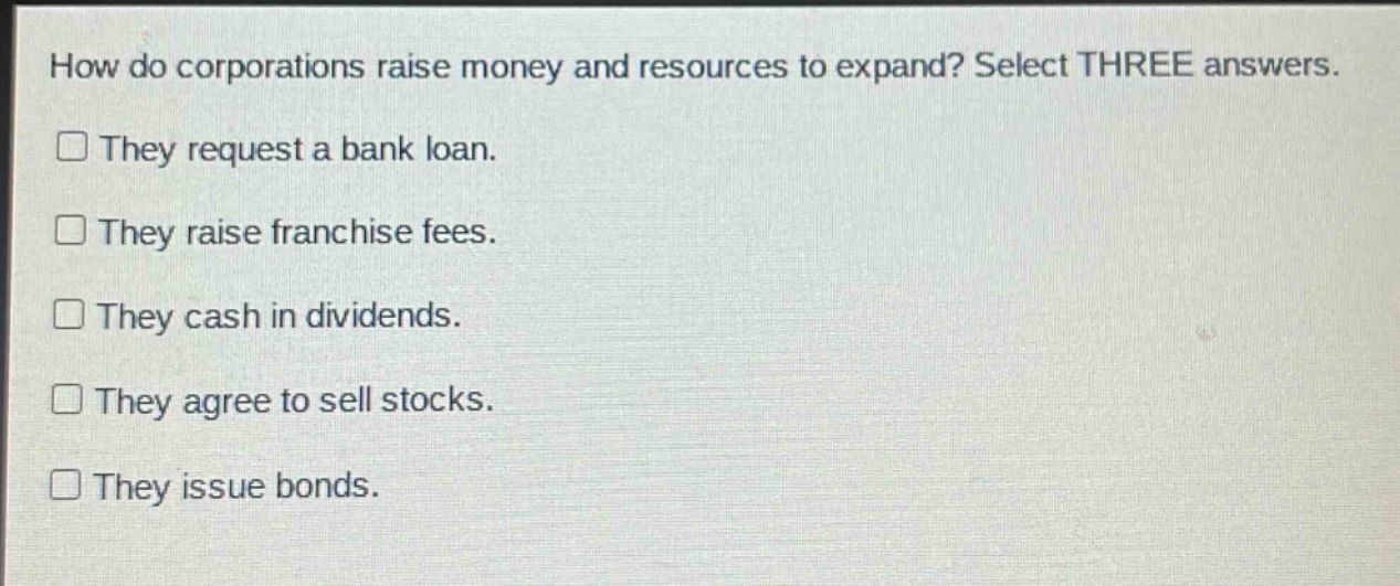 how do corporations raise money and resources to expand? select three answers.\nthey request a bank loan.\nthey raise franchise fees.\nthey cash in dividends.\nthey agree to sell stocks.\nthey issue bonds.