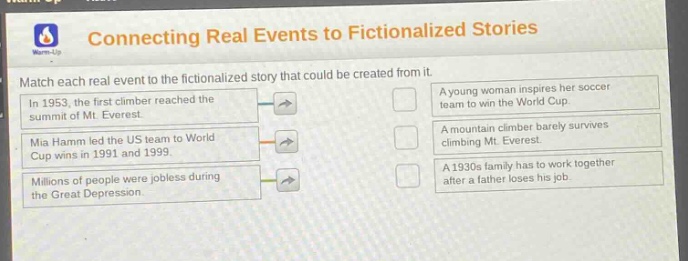 connecting real events to fictionalized stories\nmatch each real event to the fictionalized story that could be created from it.\nin 1953, the first climber reached the summit of mt. everest.\nmia hamm led the us team to world cup wins in 1991 and 1999.\nmillions of people were jobless during the great depression.\na young woman inspires her soccer team to win the world cup.\na mountain climber barely survives climbing mt. everest.\na 1930s family has to work together after a father loses his job.