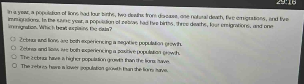 in a year, a population of lions had four births, two deaths from disease, one natural death, five emigrations, and five immigrations. in the same year, a population of zebras had five births, three deaths, four emigrations, and one immigration. which best explains the data?\nzebras and lions are both experiencing a negative population growth.\nzebras and lions are both experiencing a positive population growth.\nthe zebras have a higher population growth than the lions have.\nthe zebras have a lower population growth than the lions have.