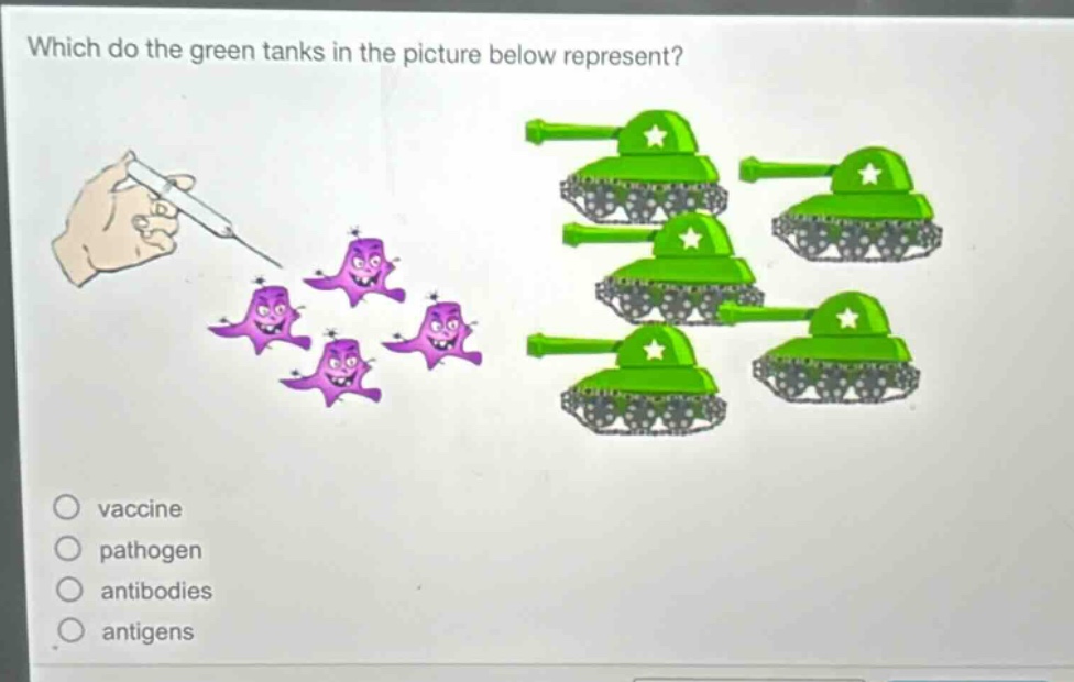 which do the green tanks in the picture below represent?\nvaccine\npathogen\nantibodies\ntigens