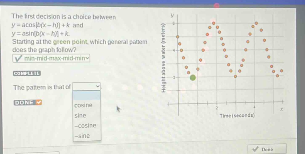 the first decision is a choice between y = acosb(x - h)+k and y = asinb(x - h)+k. starting at the green point, which general pattern does the graph follow? min - mid - max - mid - min complete the pattern is that of done cosine sine - cosine - sine