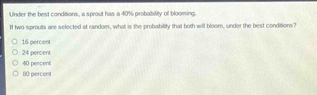 under the best conditions, a sprout has a 40% probability of blooming. if two sprouts are selected at random, what is the probability that both will bloom, under the best conditions?\no 16 percent\no 24 percent\no 40 percent\no 80 percent