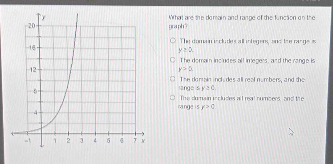 what are the domain and range of the function on the graph?\nthe domain includes all integers, and the range is y≥0.\nthe domain includes all integers, and the range is y>0.\nthe domain includes all real numbers, and the range is y≥0.\nthe domain includes all real numbers, and the range is y>0.