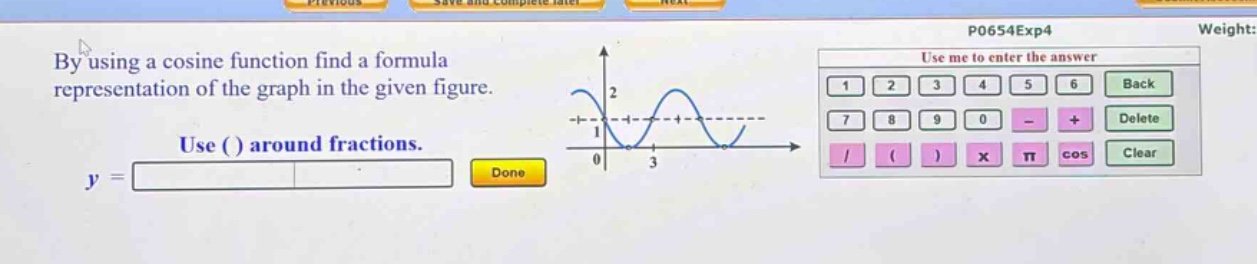 by using a cosine function find a formula representation of the graph in the given figure. use ( ) around fractions. y =