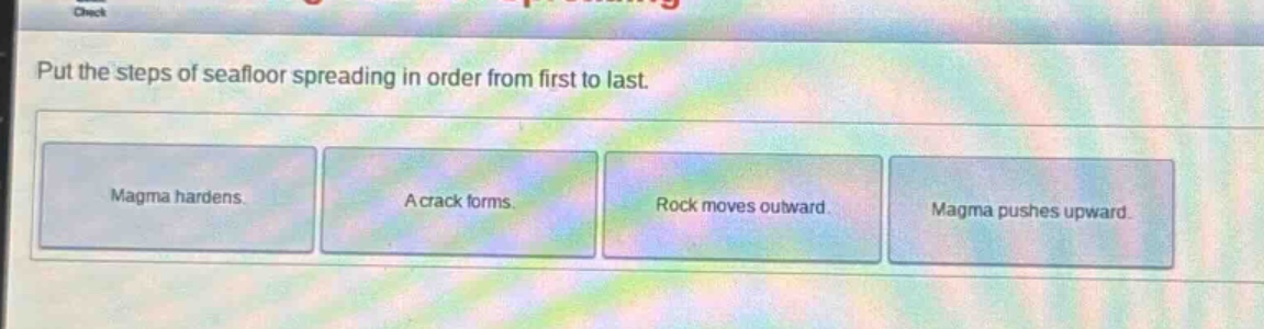 put the steps of seafloor spreading in order from first to last. magma hardens. a crack forms. rock moves outward. magma pushes upward.