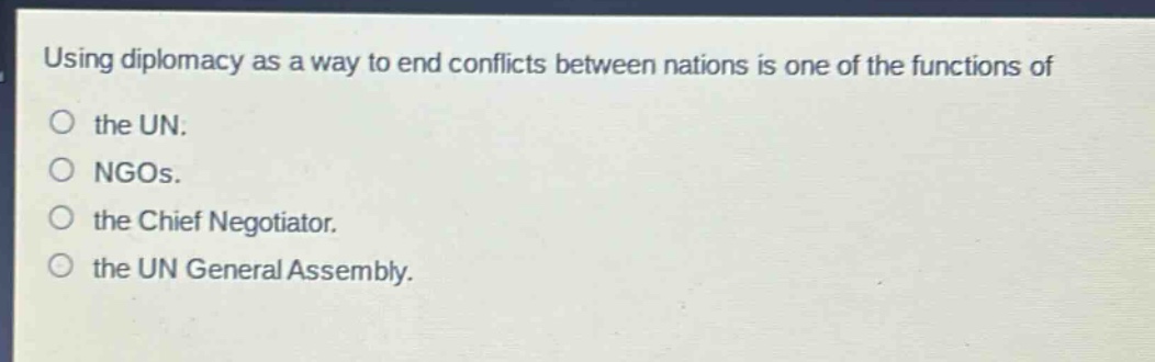 using diplomacy as a way to end conflicts between nations is one of the functions of\no the un.\no ngos.\no the chief negotiator.\no the un general assembly.