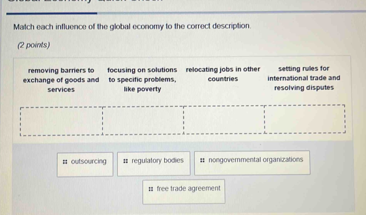 match each influence of the global economy to the correct description. (2 points) removing barriers to exchange of goods and services focusing on solutions to specific problems, like poverty relocating jobs in other countries setting rules for international trade and resolving disputes outsourcing regulatory bodies nongovernmental organizations free trade agreement