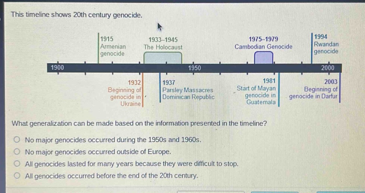this timeline shows 20th century genocide. what generalization can be made based on the information presented in the timeline? no major genocides occurred during the 1950s and 1960s. no major genocides occurred outside of europe. all genocides lasted for many years because they were difficult to stop. all genocides occurred before the end of the 20th century.