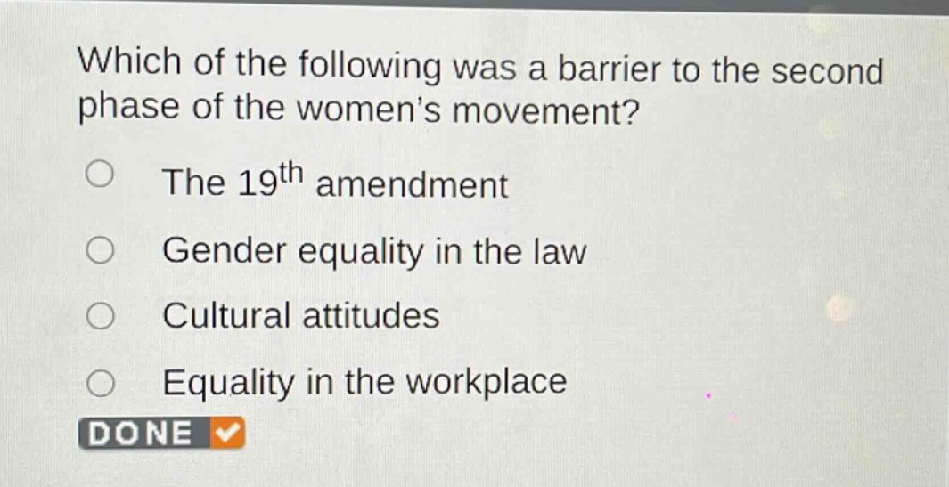 which of the following was a barrier to the second phase of the womens movement?\nthe 19th amendment\ngender equality in the law\ncultural attitudes\nequality in the workplace