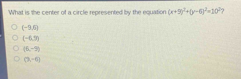 what is the center of a circle represented by the equation $(x + 9)^2+(y - 6)^2=10^2$?\n(-9,6)\n(-6,9)\n(6,-9)\n(9,-6)