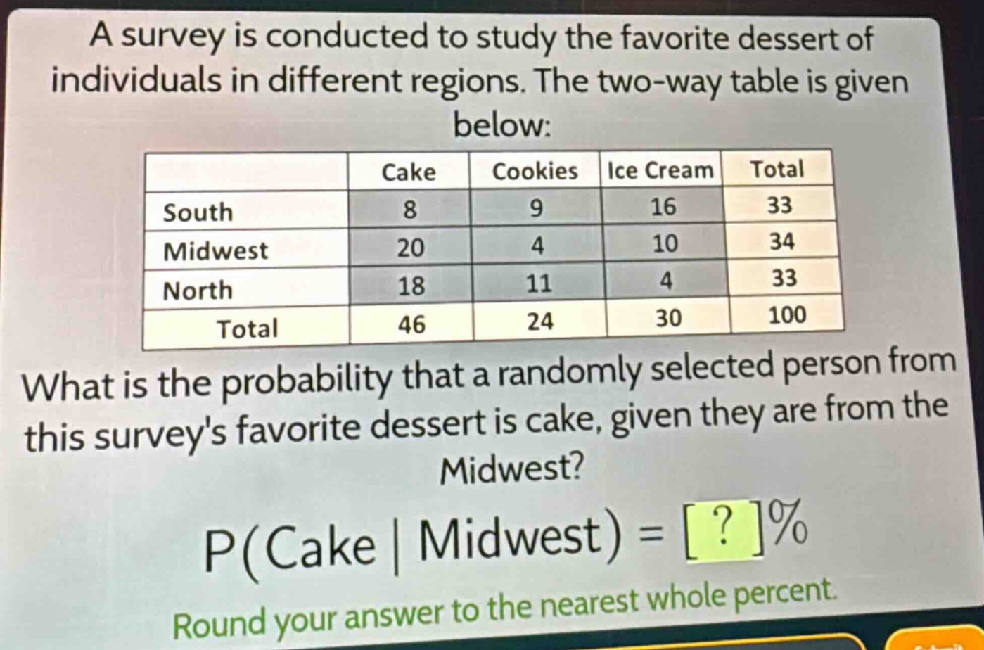 a survey is conducted to study the favorite dessert of individuals in different regions. the two - way table is given below:\n| | cake | cookies | ice cream | total |\n|--|--|--|--|--|\n| south | 8 | 9 | 16 | 33 |\n| midwest | 20 | 4 | 10 | 34 |\n| north | 18 | 11 | 4 | 33 |\n| total | 46 | 24 | 30 | 100 |\nwhat is the probability that a randomly selected person from this surveys favorite dessert is cake, given they are from the midwest?\np(cake | midwest) = ?%\nround your answer to the nearest whole percent.