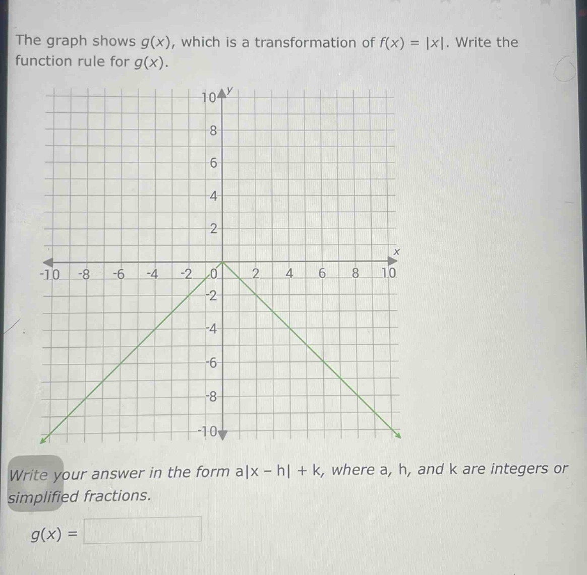 the graph shows g(x), which is a transformation of f(x) = |x|. write the function rule for g(x). write your answer in the form a|x - h| + k, where a, h, and k are integers or simplified fractions. g(x) =
