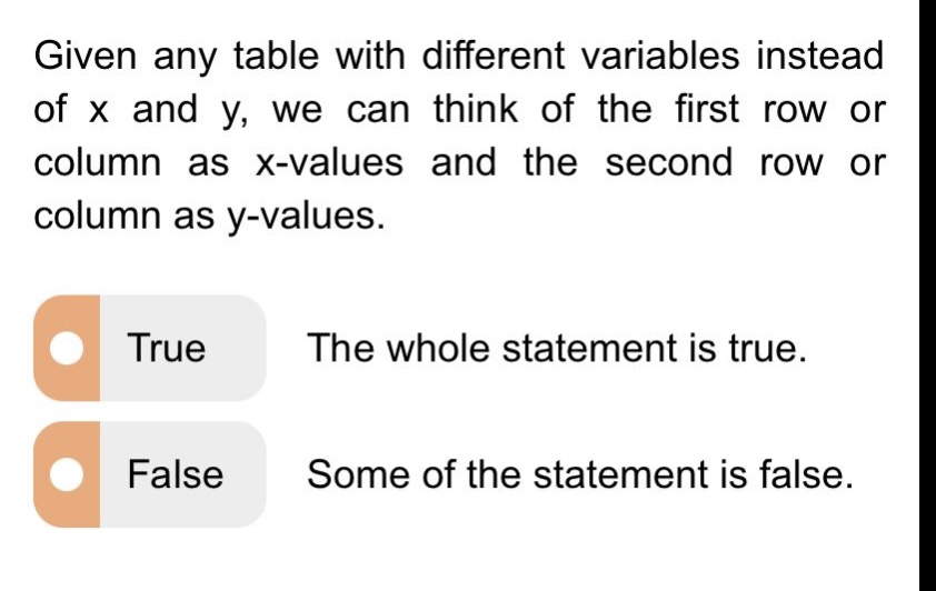 given any table with different variables instead of x and y, we can think of the first row or column as x - values and the second row or column as y - values.\ntrue the whole statement is true.\nfalse some of the statement is false.
