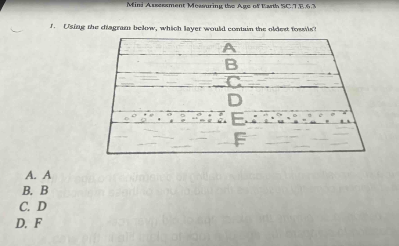 mini assessment measuring the age of earth sc.7.e.6.3\n1. using the diagram below, which layer would contain the oldest fossils?\na. a\nb. b\nc. d\nd. f