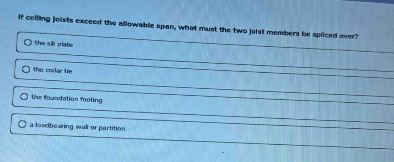if ceiling joists exceed the allowable span, what must the two joist members be spliced over?\n○ the sill plate\n○ the collar tie\n○ the foundation footing\n○ a loadbearing wall or partition