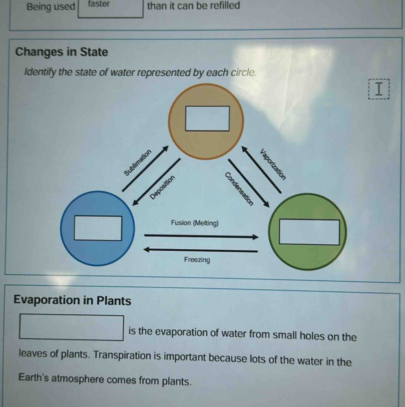 changes in state\nidentify the state of water represented by each circle.\nevaporation in plants\nblank is the evaporation of water from small holes on the leaves of plants. transpiration is important because lots of the water in the earth’s atmosphere comes from plants.