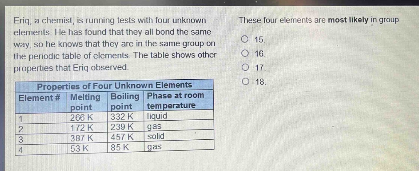 eriq, a chemist, is running tests with four unknown elements. he has found that they all bond the same way, so he knows that they are in the same group on the periodic table of elements. the table shows other properties that eriq observed.\nproperties of four unknown elements\n|element #|melting point|boiling point|phase at room temperature|\n|----|----|----|----|\n|1|266 k|332 k|liquid|\n|2|172 k|239 k|gas|\n|3|387 k|457 k|solid|\n|4|53 k|85 k|gas|\nthese four elements are most likely in group\n○ 15.\n○ 16.\n○ 17.\n○ 18.