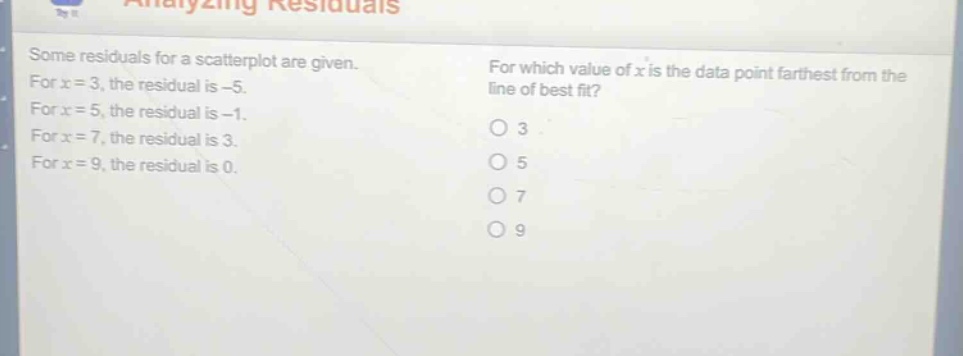 some residuals for a scatterplot are given. for x = 3, the residual is -5. for x = 5, the residual is -1. for x = 7, the residual is 3. for x = 9, the residual is 0. for which value of x is the data point farthest from the line of best fit? o 3 o 5 o 7 o 9