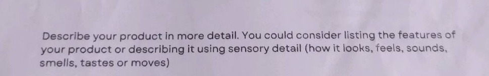 describe your product in more detail. you could consider listing the features of your product or describing it using sensory detail (how it looks, feels, sounds, smells, tastes or moves)
