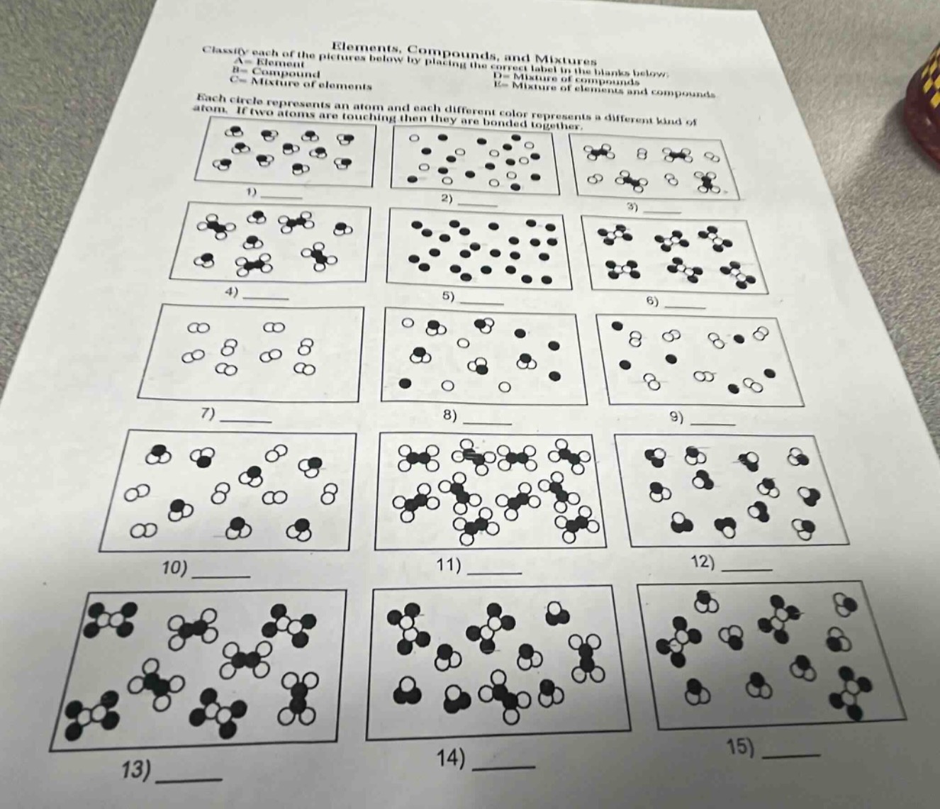 elements, compounds, and mixtures\nclassify each of the pictures below by placing the correct label in the blanks below:\na = element\nb = compound\nc = mixture of elements\nd = mixture of compounds\ne = mixture of elements and compounds\neach circle represents an atom and each different color represents a different kind of atom. if two atoms are touching then they are bonded together.
