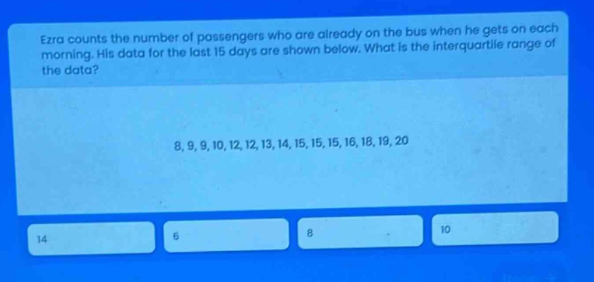 ezra counts the number of passengers who are already on the bus when he gets on each morning. his data for the last 15 days are shown below. what is the interquartile range of the data? 8, 9, 9, 10, 12, 12, 13, 14, 15, 15, 15, 16, 18, 19, 20