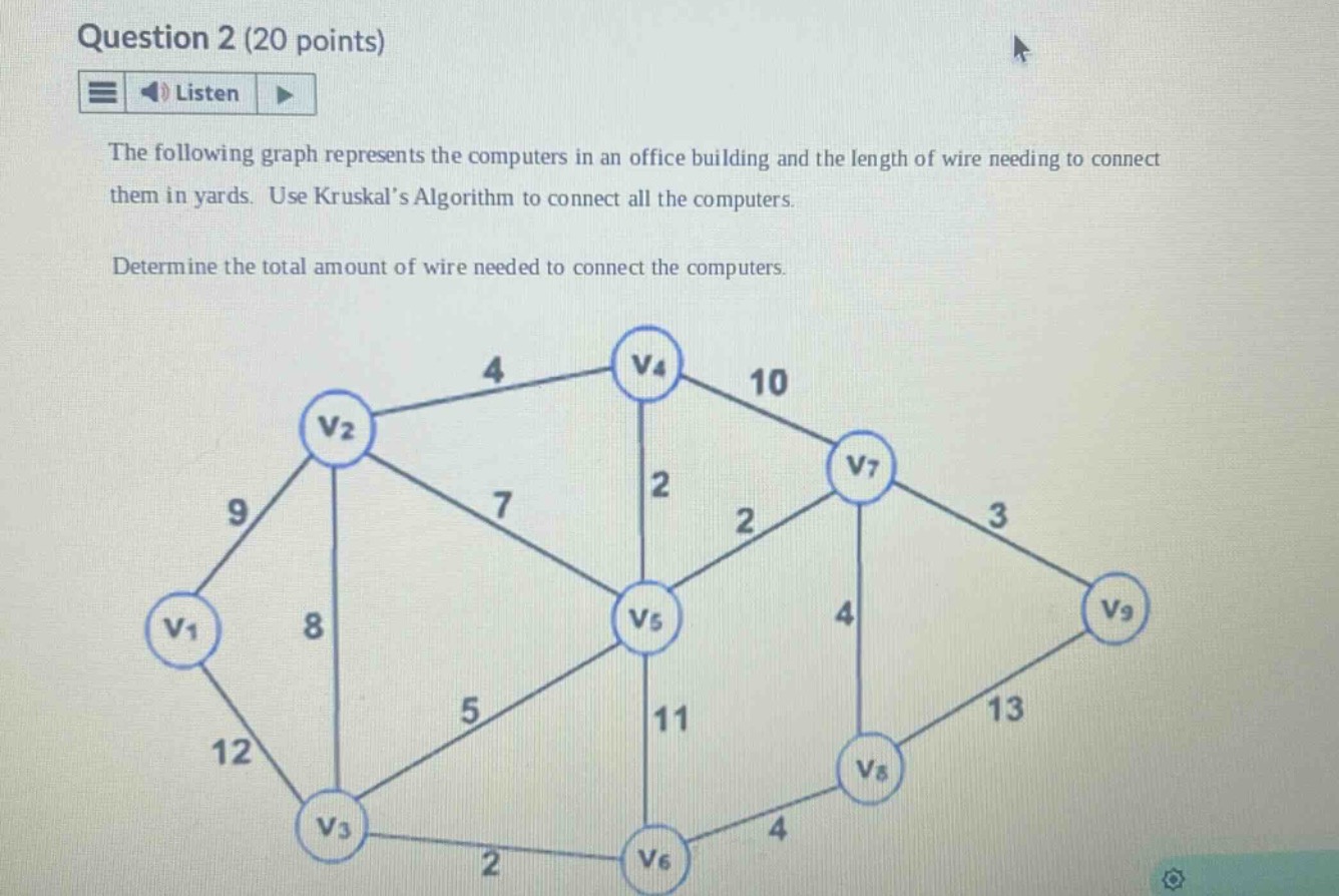 question 2 (20 points)\nlisten\nthe following graph represents the computers in an office building and the length of wire needing to connect them in yards. use kruskals algorithm to connect all the computers.\ndetermine the total amount of wire needed to connect the computers.