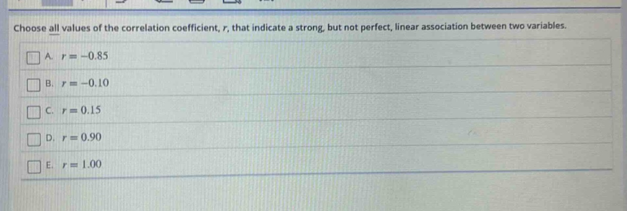 choose all values of the correlation coefficient, r, that indicate a strong, but not perfect, linear association between two variables.\na. r = -0.85\nb. r = -0.10\nc. r = 0.15\nd. r = 0.90\ne. r = 1.00