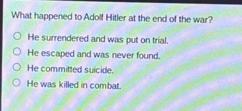 what happened to adolf hitler at the end of the war?\nhe surrendered and was put on trial.\nhe escaped and was never found.\nhe committed suicide.\nhe was killed in combat.