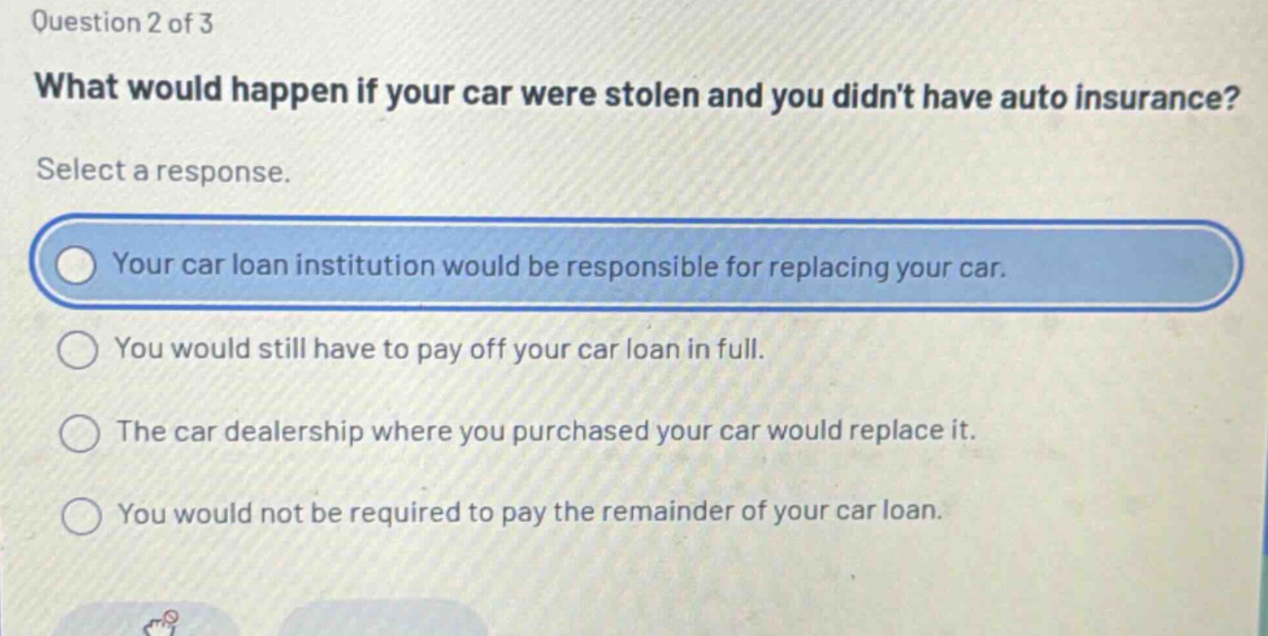 question 2 of 3\nwhat would happen if your car were stolen and you didnt have auto insurance?\nselect a response.\nyour car loan institution would be responsible for replacing your car.\nyou would still have to pay off your car loan in full.\nthe car dealership where you purchased your car would replace it.\nyou would not be required to pay the remainder of your car loan.