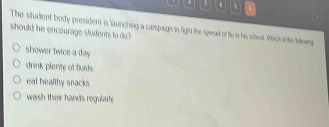 the student body president is launching a campaign to fight the spread of flu in his school. which of the following should he encourage students to do?\nshower twice a day\ndrink plenty of fluids\neat healthy snacks\nwash their hands regularly