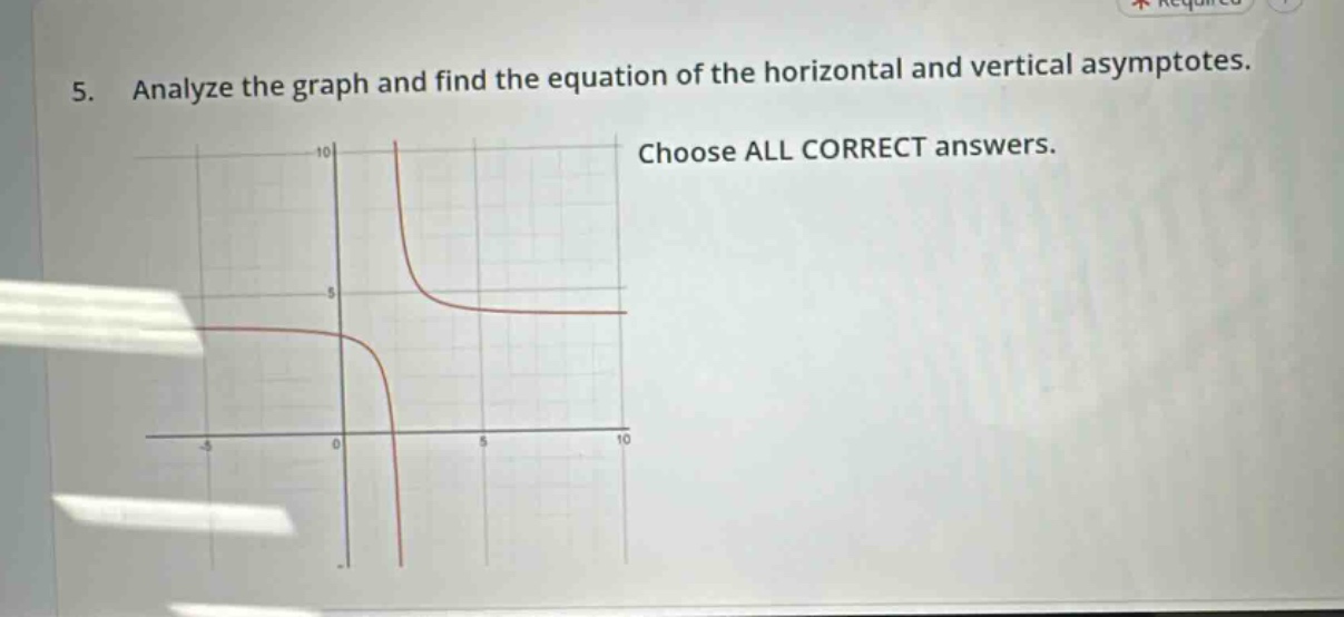5. analyze the graph and find the equation of the horizontal and vertical asymptotes. choose all correct answers.