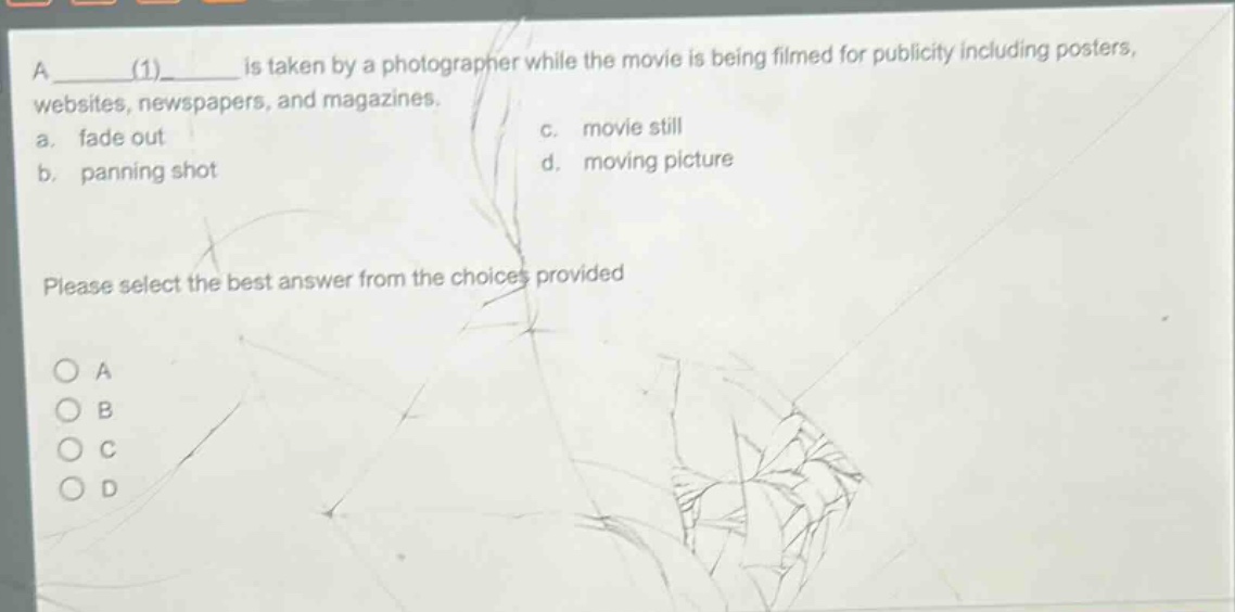 a (1) is taken by a photographer while the movie is being filmed for publicity including posters, websites, newspapers, and magazines.\na. fade out\nc. movie still\nb. panning shot\nd. moving picture\nplease select the best answer from the choices provided\na\nb\nc\nd