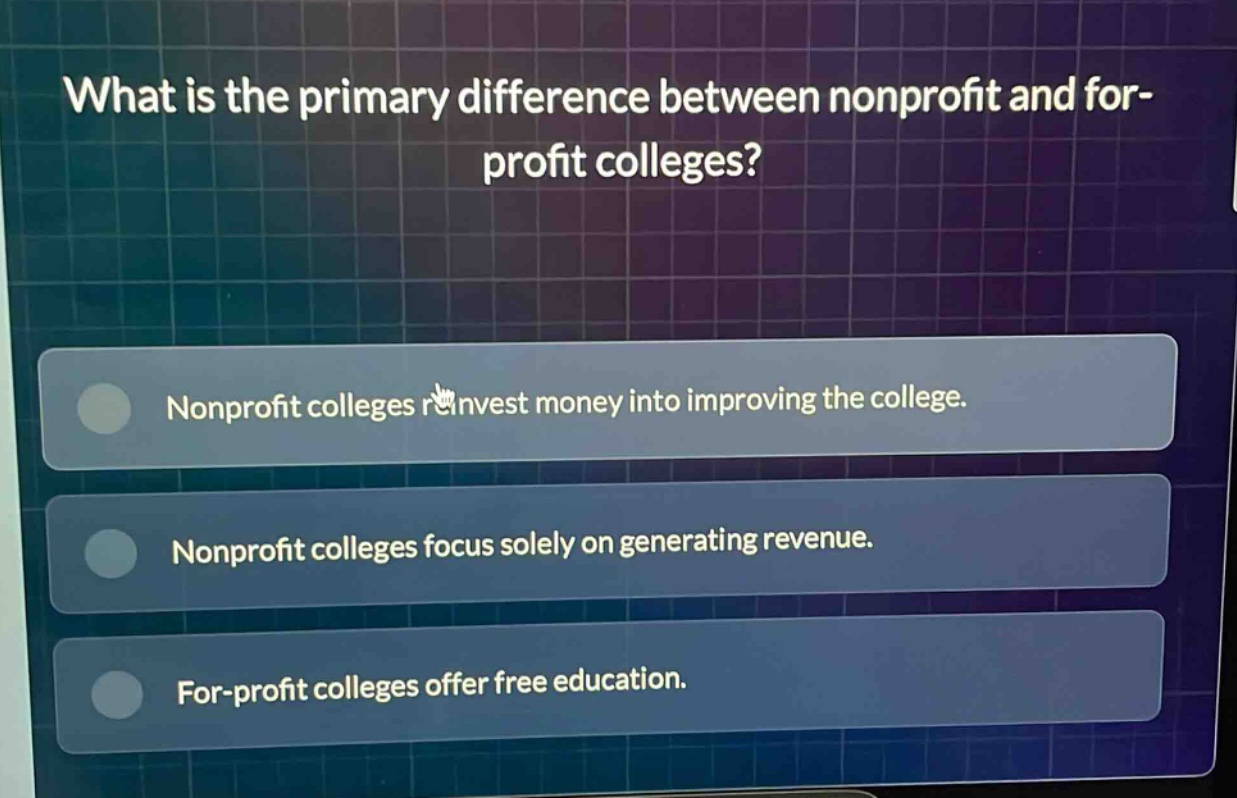 what is the primary difference between nonprofit and for - profit colleges?\nnonprofit colleges reinvest money into improving the college.\nnonprofit colleges focus solely on generating revenue.\nfor - profit colleges offer free education.