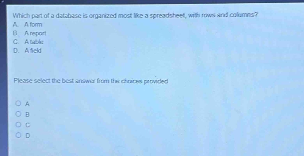 which part of a database is organized most like a spreadsheet, with rows and columns? a. a form b. a report c. a table d. a field please select the best answer from the choices provided