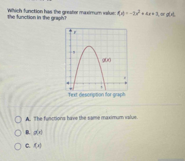 which function has the greater maximum value: $f(x)=-2x^{2}+4x + 3$, or $g(x)$, the function in the graph?\ntext description for graph\na. the functions have the same maximum value.\nb. $g(x)$\nc. $f(x)$