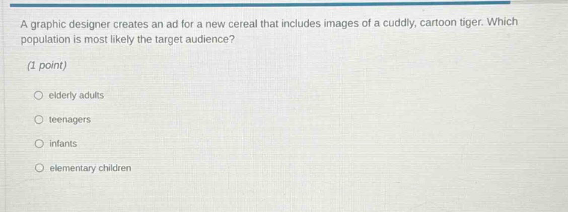 a graphic designer creates an ad for a new cereal that includes images of a cuddly, cartoon tiger. which population is most likely the target audience? (1 point) \no elderly adults\no teenagers\no infants\no elementary children