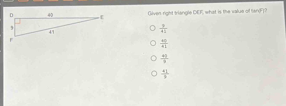 given right triangle def, what is the value of tan(f)?