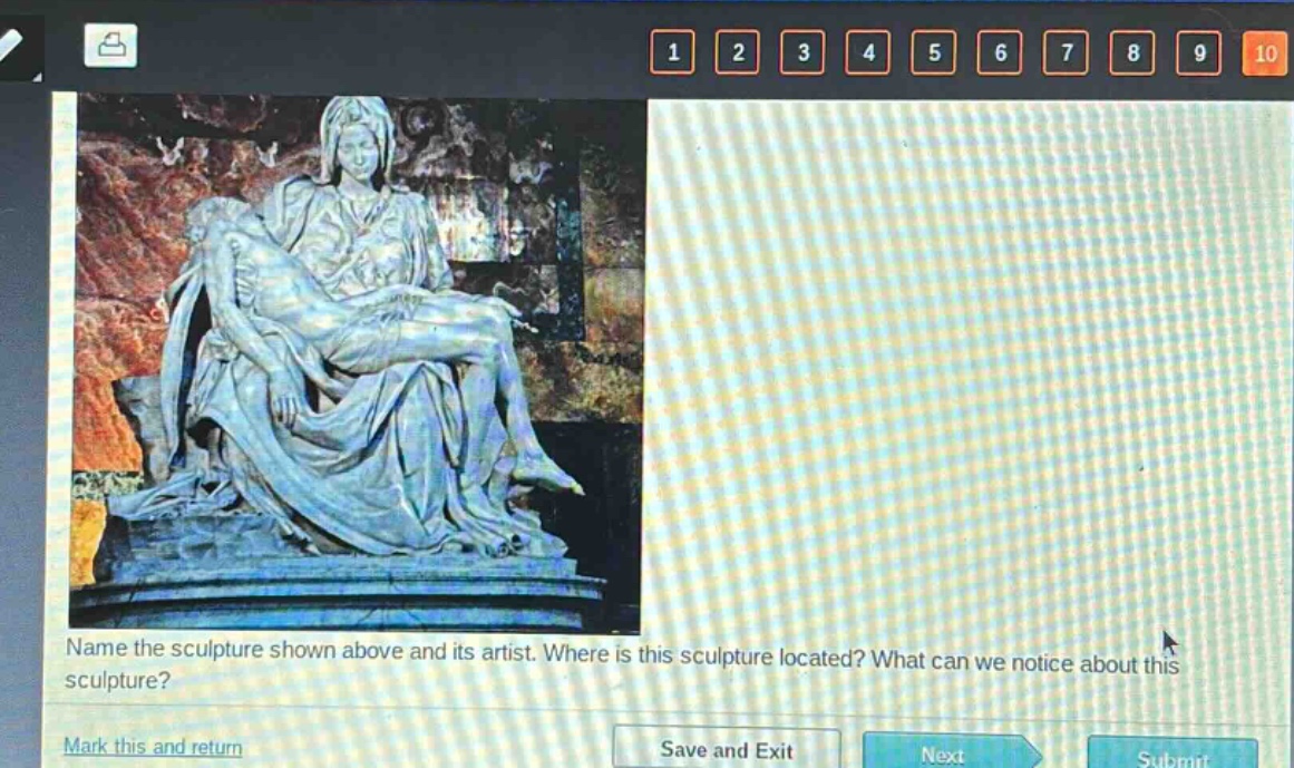 name the sculpture shown above and its artist. where is this sculpture located? what can we notice about this sculpture?