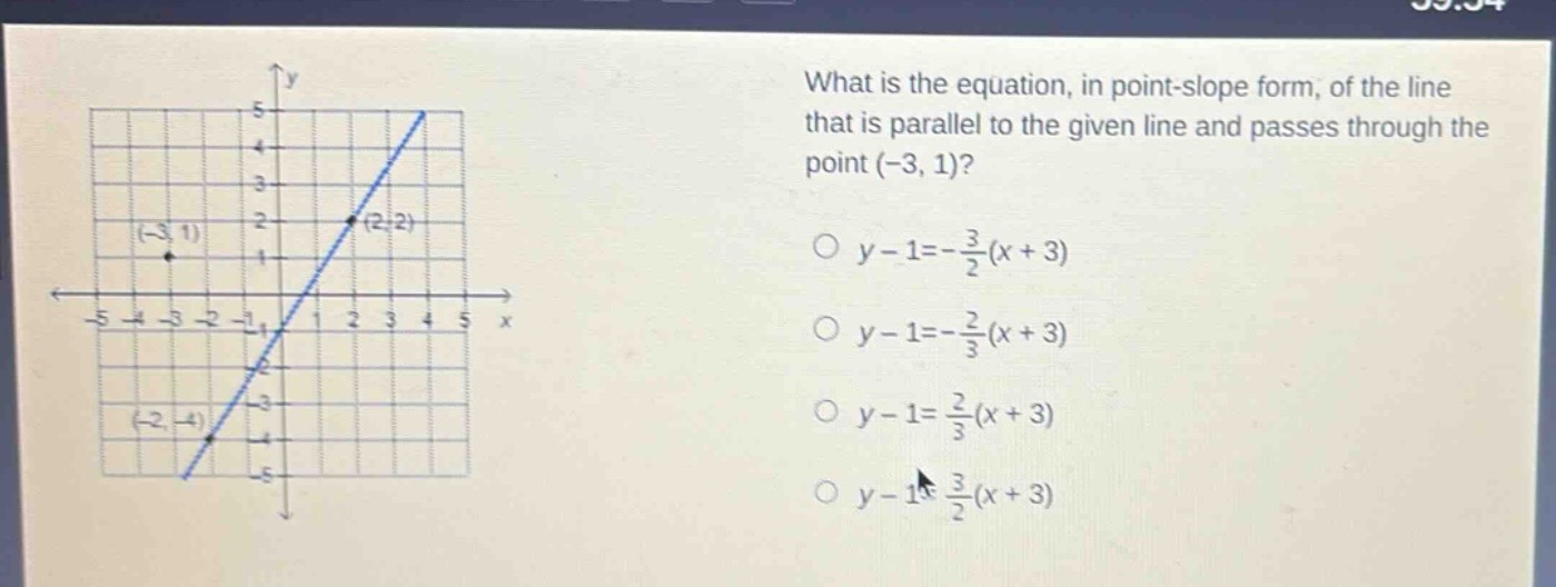 what is the equation, in point - slope form, of the line that is parallel to the given line and passes through the point (-3, 1)?\n○ y - 1=-\frac{3}{2}(x + 3)\n○ y - 1=-\frac{2}{3}(x + 3)\n○ y - 1=\frac{2}{3}(x + 3)\n○ y - 1=\frac{3}{2}(x + 3)