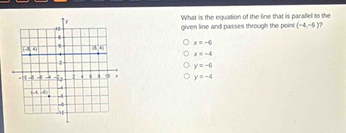 what is the equation of the line that is parallel to the given line and passes through the point (-4,-6)?\no x = -6\no x = -4\no y = -6\no y = -4
