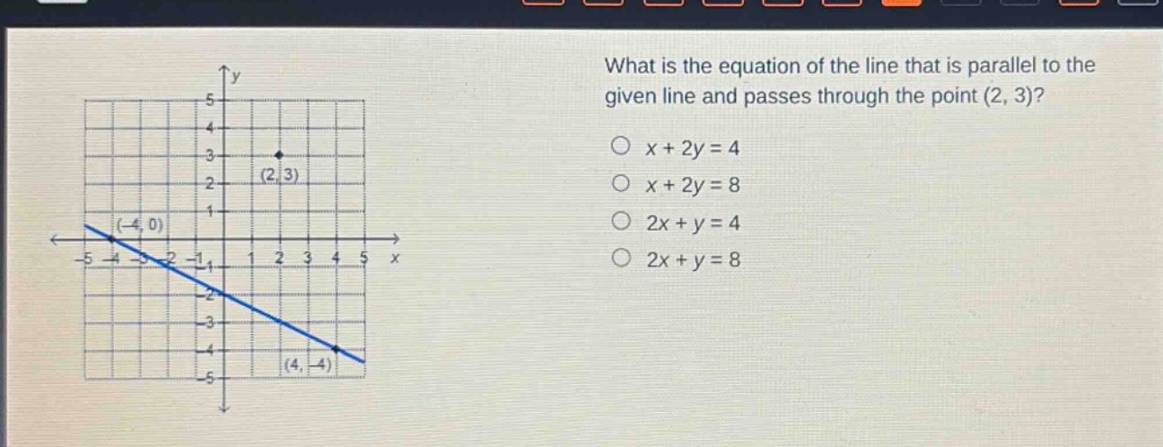 what is the equation of the line that is parallel to the given line and passes through the point (2, 3)?\n○ x + 2y = 4\n○ x + 2y = 8\n○ 2x + y = 4\n○ 2x + y = 8