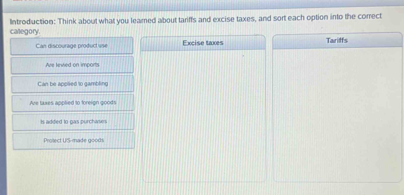 introduction: think about what you learned about tariffs and excise taxes, and sort each option into the correct category. can discourage product use are levied on imports can be applied to gambling are taxes applied to foreign goods is added to gas purchases protect us - made goods excise taxes tariffs